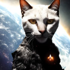 Black and White Cat with Yellow Eyes Against Earth's Curvature and Rainbow