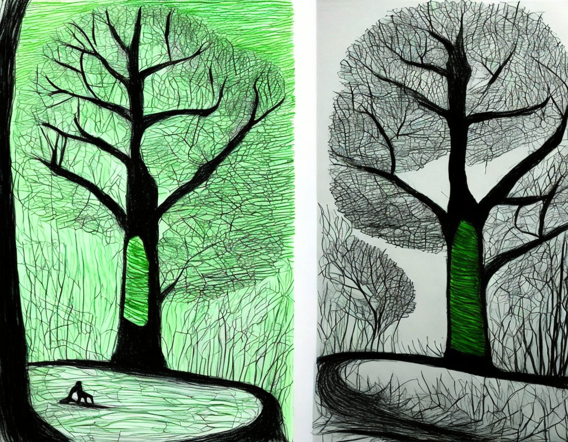 Stylized drawing of contrasting day and night scenes with barren trees and a lone cat