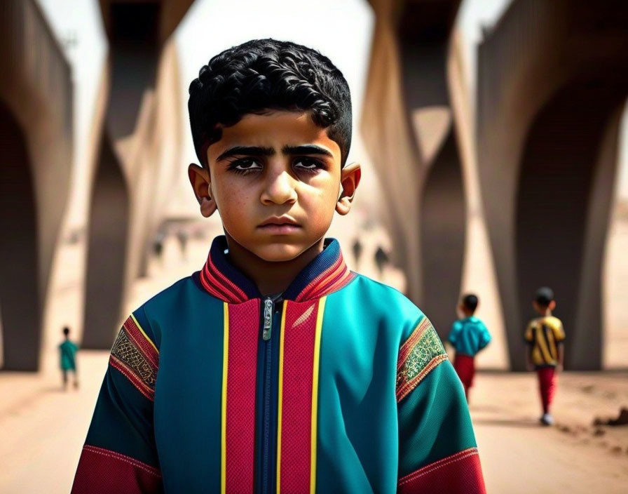 Serious boy in focus with kids playing under a bridge