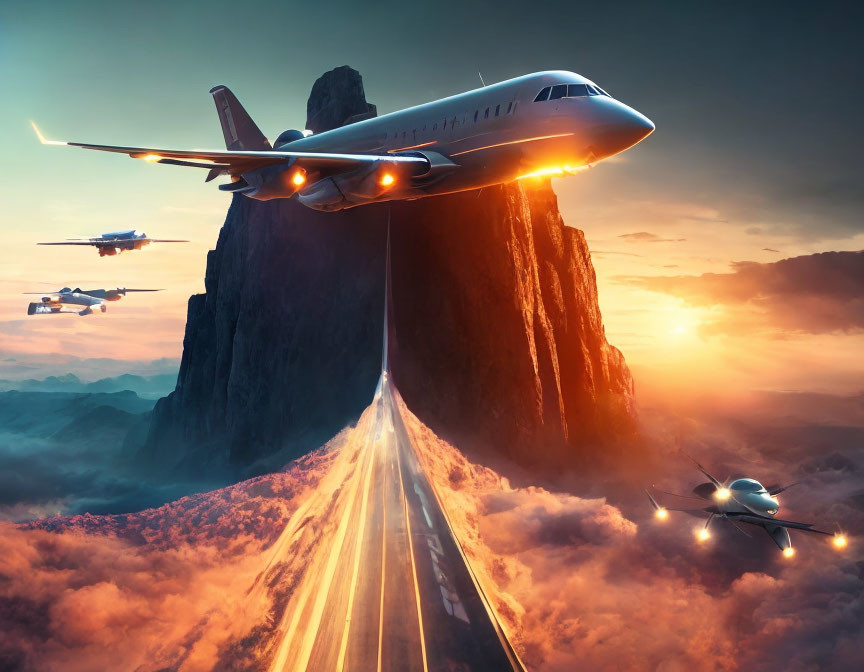 Airplane taking off from mountain peak at sunset with dramatic sky