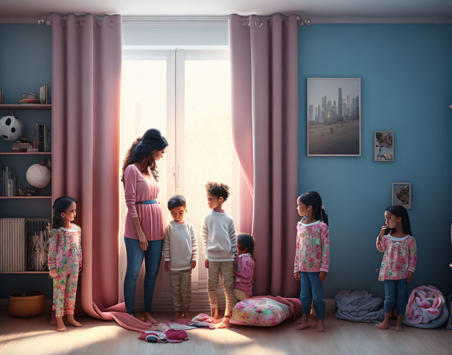 Pregnant Woman with Five Children in Sunlit Room