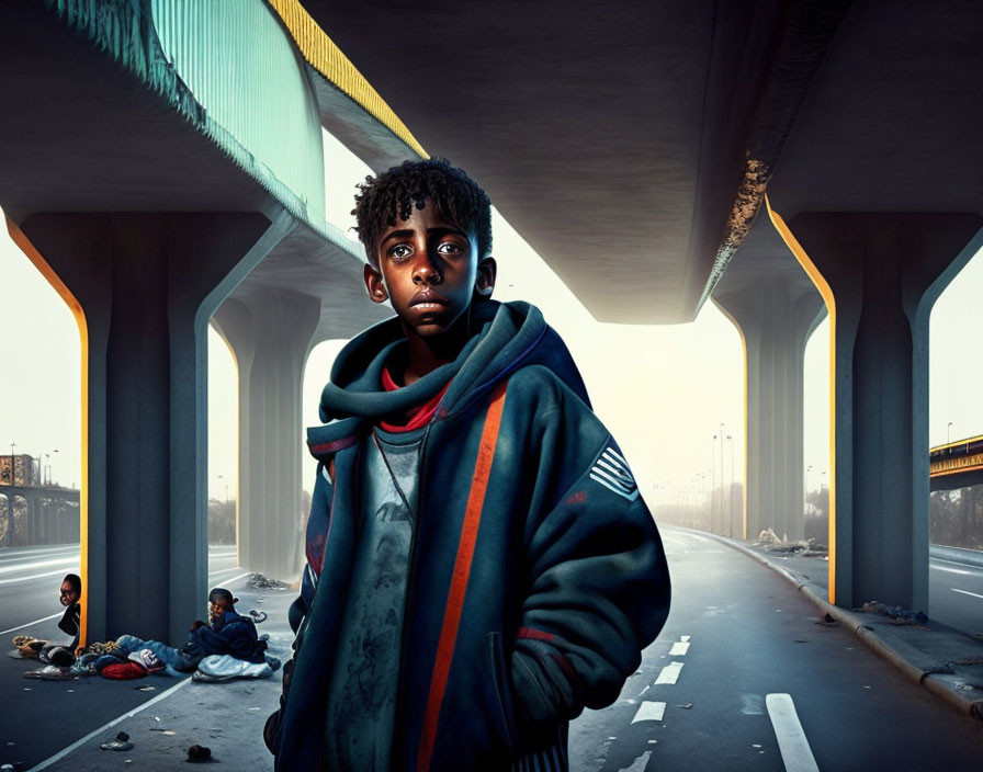 Young person with big eyes in blue hoodie under overpass with desolate surroundings.