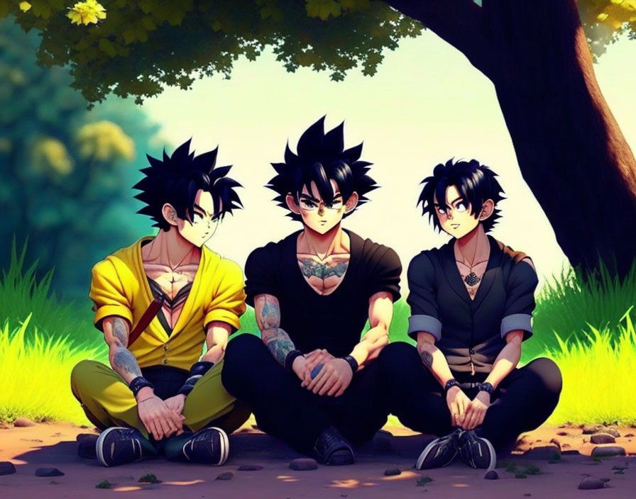 Anime-style male figures with tattoos and stylish hairdos in casual clothing, sit outdoors.