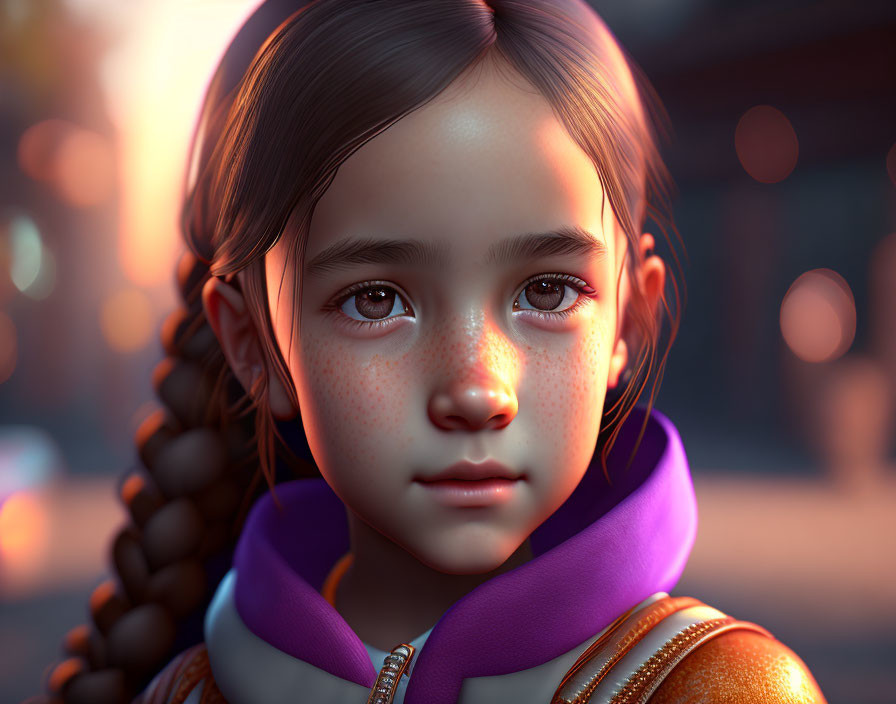 Young girl with braided hair and freckles in purple scarf and orange jacket against blurred background