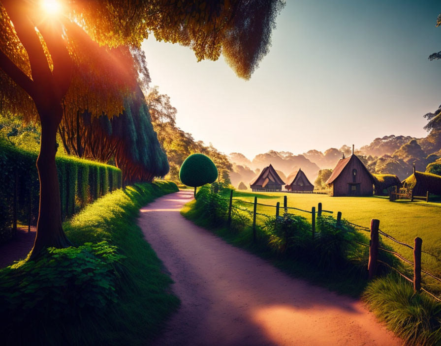 Scenic path with hedges and trees at sunrise near thatched-roof cottages