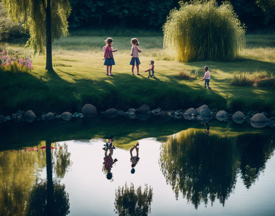 Children playing near tranquil pond with lush greenery reflections.