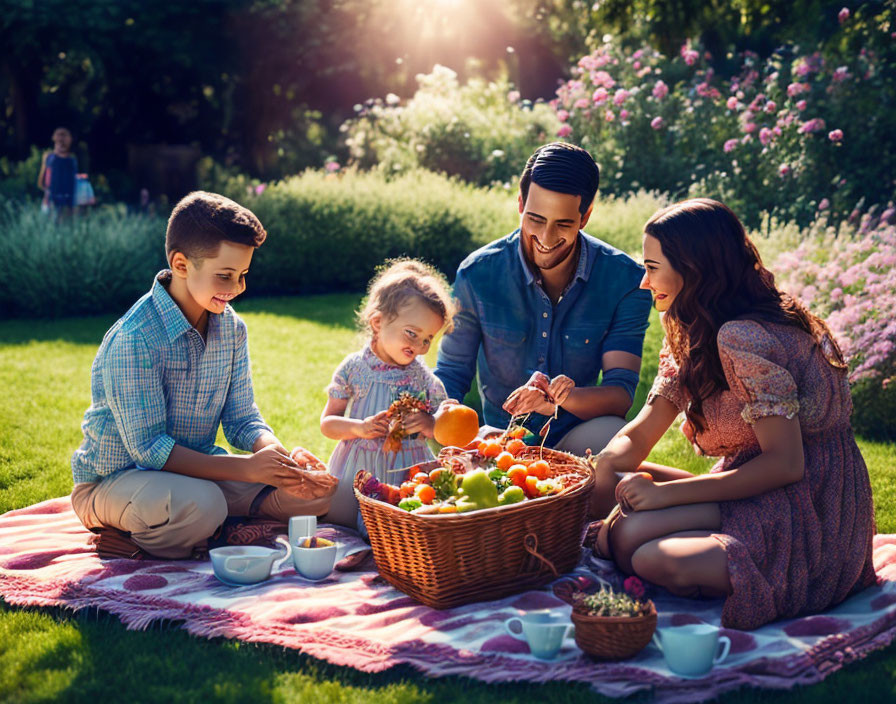 Family of Four Enjoying Picnic in Sunlit Garden