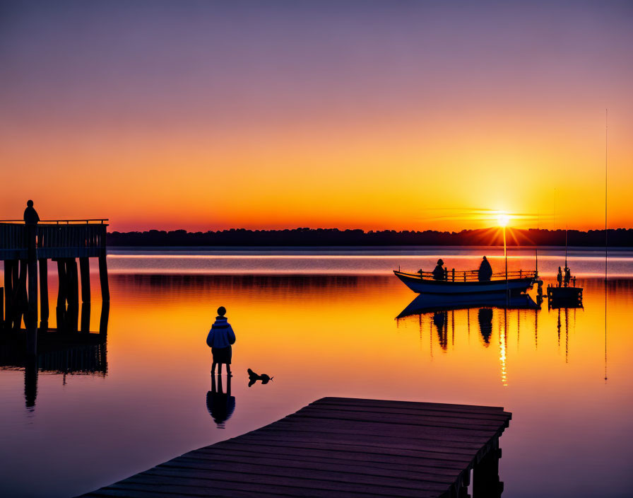 Tranquil sunrise over lake with silhouettes of people on dock and boat