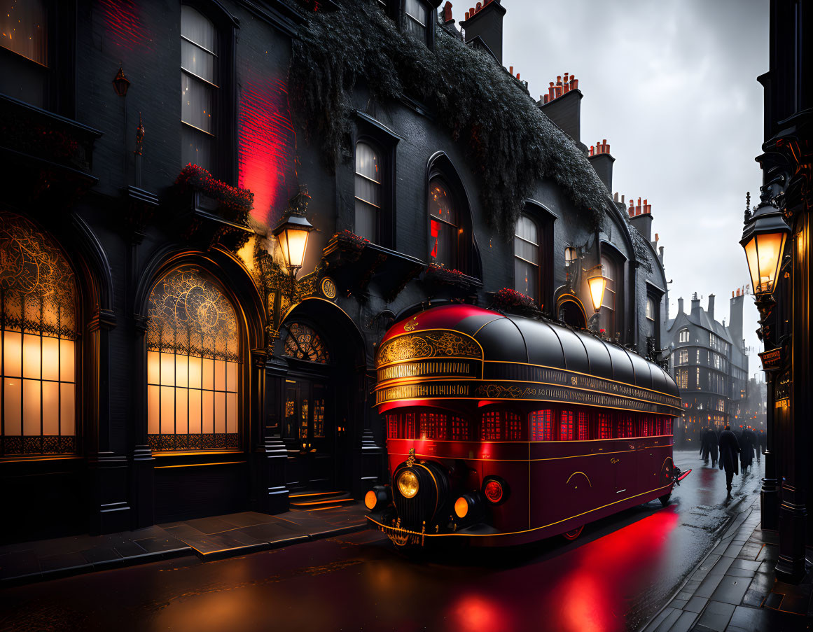 Vintage Red Bus with Golden Trim Parked on Wet Street Amid Dark Buildings and Red Flowers under Moody Sky