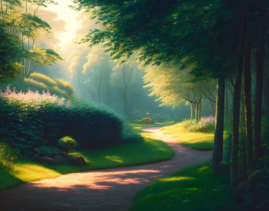 Tranquil forest path at sunrise with lush greenery and vibrant flowers