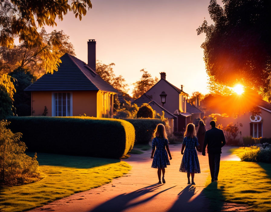 Family walking towards setting sun on tree-lined path by houses.