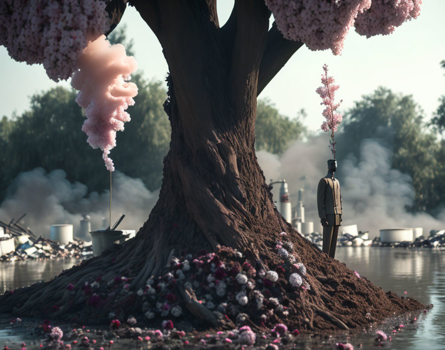 Surreal landscape with tree, water, clouds, figure, lantern, and debris