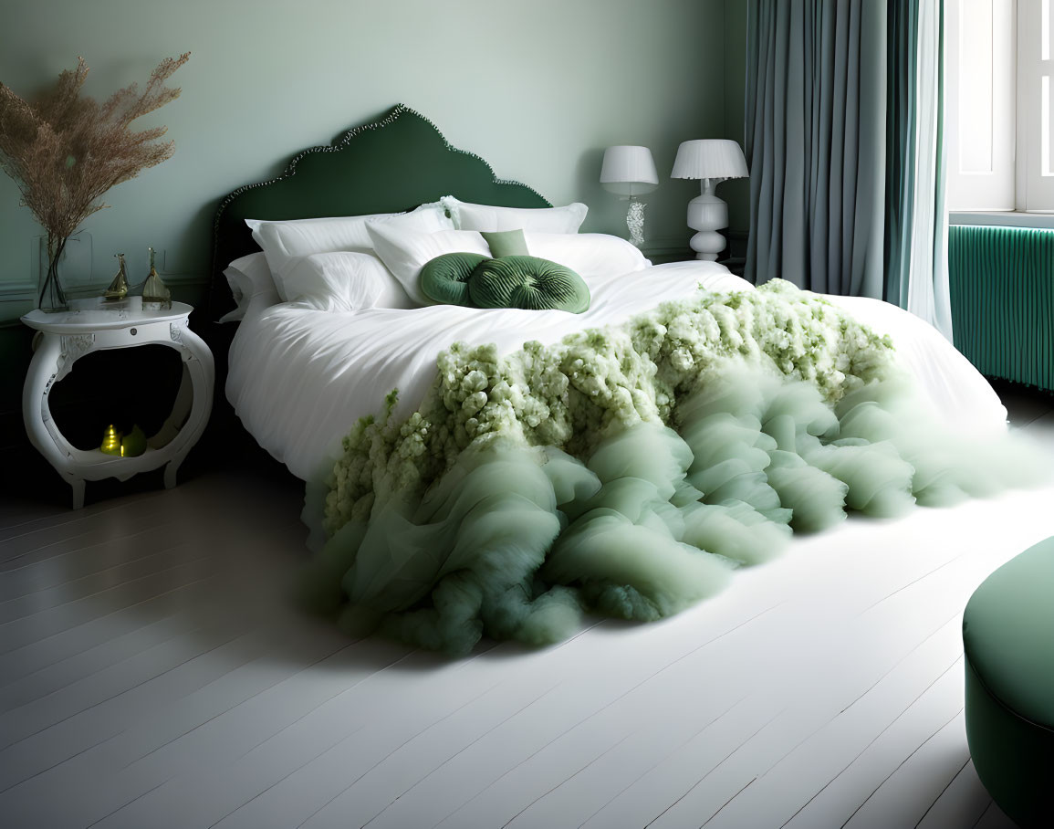 Tranquil Bedroom with Green and White Ombre Bedspread