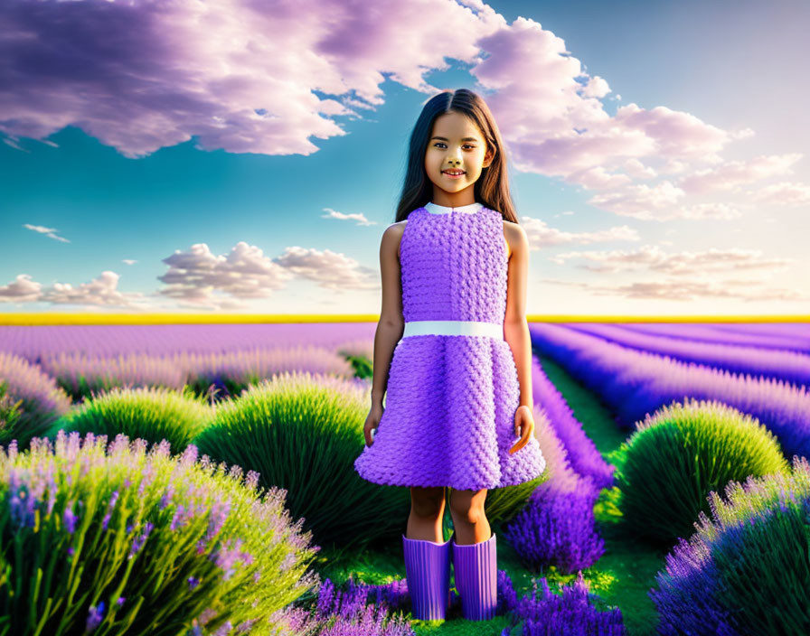 Young girl in purple dress in vibrant lavender field under blue sky