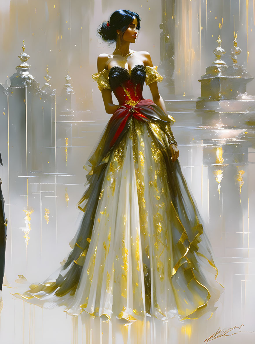 Elegant Woman in Opulent Gold and Red Ball Gown