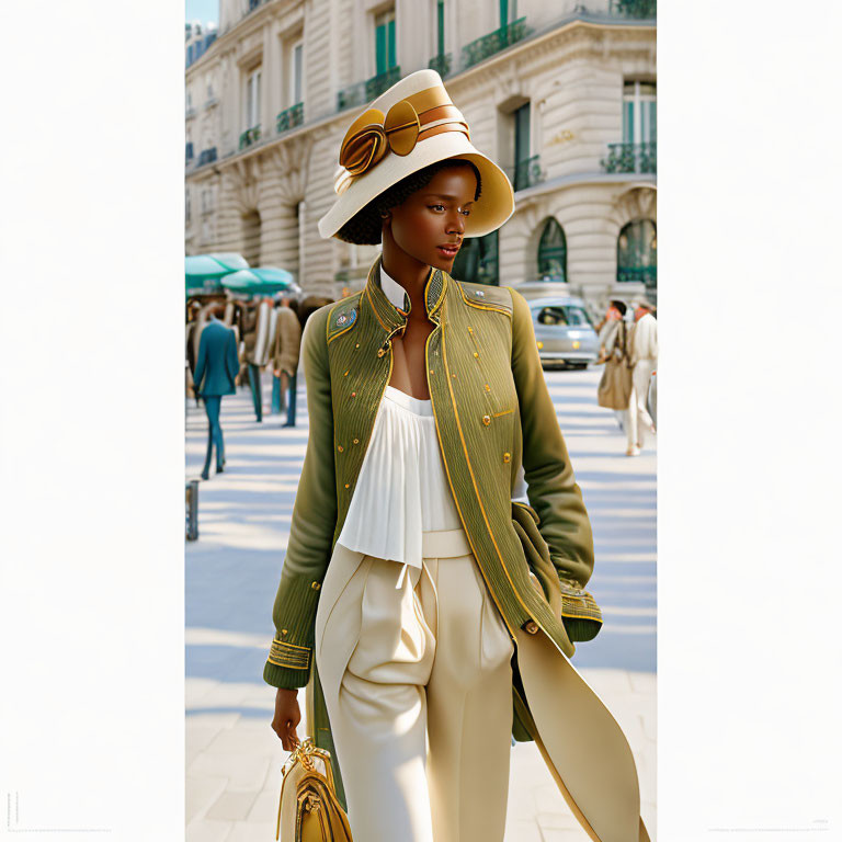 Fashionable person in green jacket and chic hat strolling city street