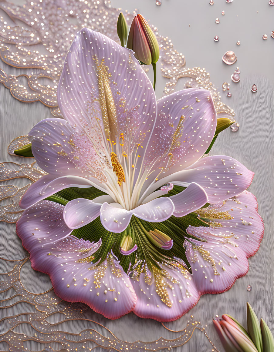 Stylized pink flower with gold accents on grey background