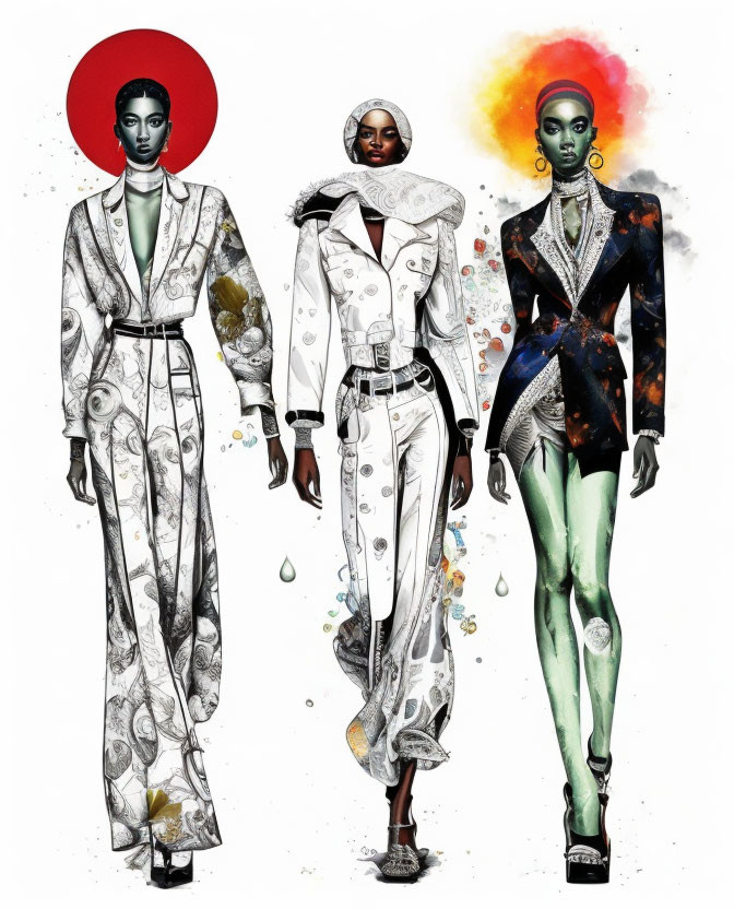 Fashion illustrations: Avant-garde models in colorful outfits