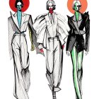 Fashion illustrations: Avant-garde models in colorful outfits