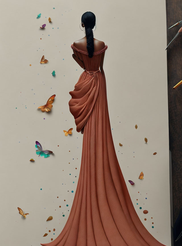 Elegant woman in terracotta gown with pleated design, surrounded by colorful butterflies