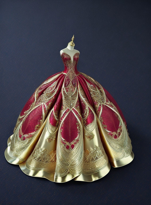 Floor-length Ball Gown with Peacock Feather Design in Gold and Red on Dark Blue Background