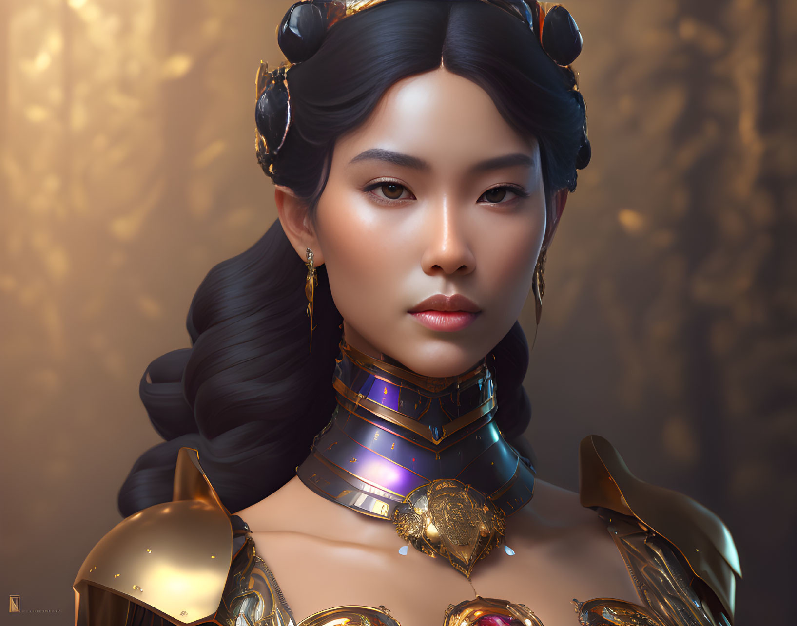 East Asian woman in ornate golden armor and headdress on golden backdrop