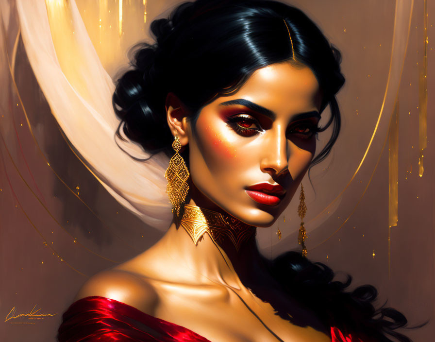 Elegant woman with gold jewelry and red outfit on warm abstract backdrop