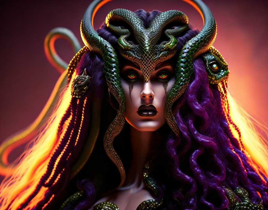 Woman with Medusa-Inspired Look and Serpentine Hair on Warm-Toned Background