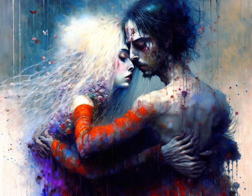 Surreal painting of close embrace between ethereal figures