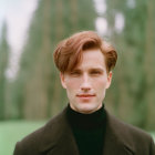 Man with Auburn Hair in Brown Jacket and Black Turtleneck Smiling Outdoors