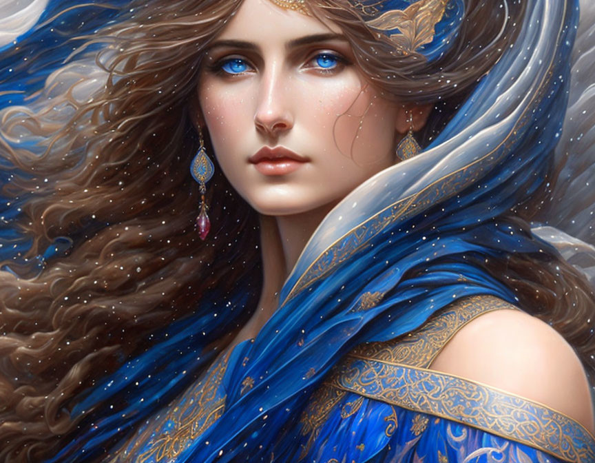 Detailed digital portrait of woman with brown hair and blue eyes in blue and gold cloak