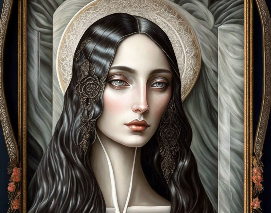 Hyperrealistic painting of woman with halo, dark hair, pale skin, lace headpiece