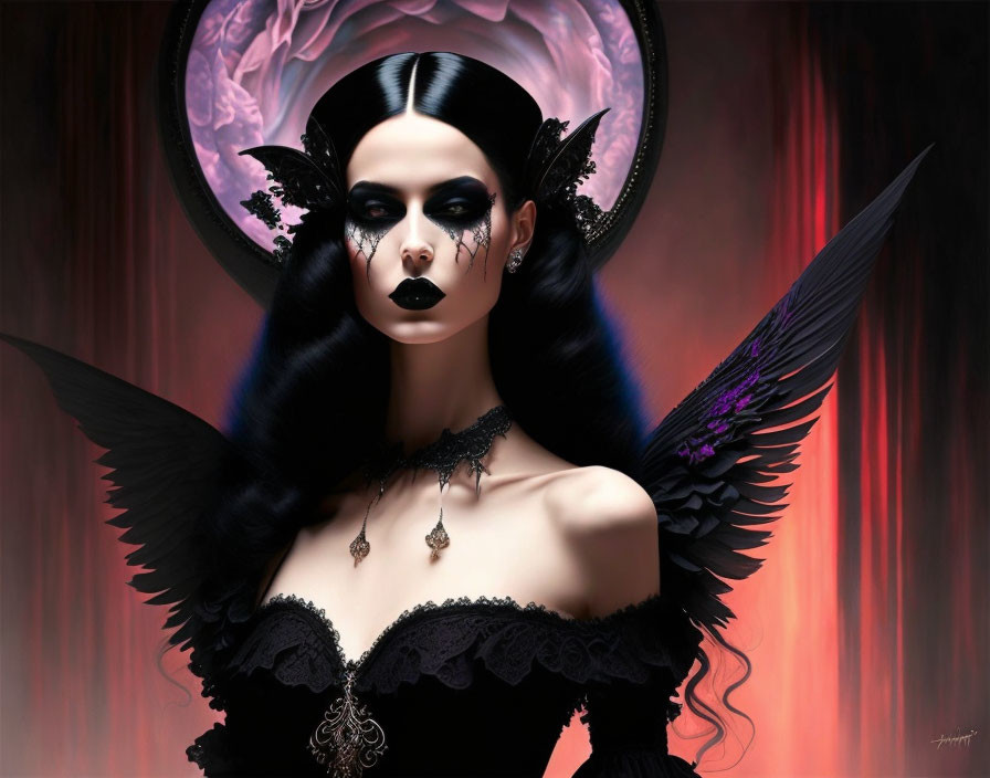 Dark Gothic Portrait of Woman with Feathered Wings and Raven Headdress