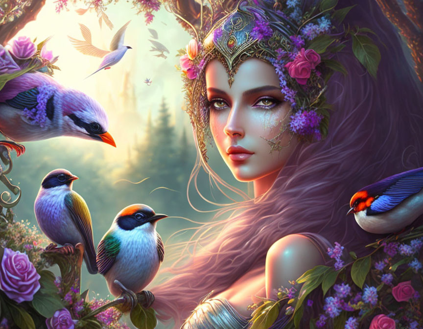 Woman with Long Purple Hair and Floral Crown Surrounded by Birds in Magical Forest