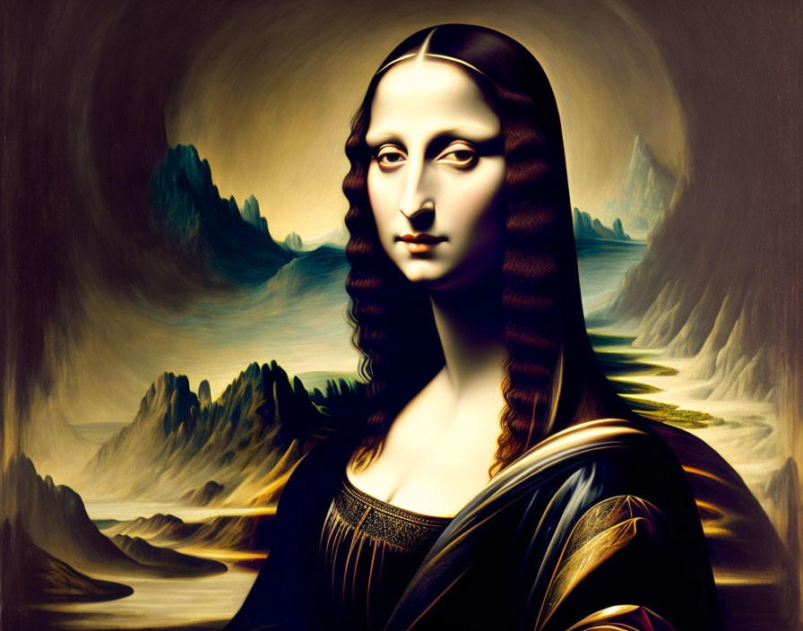 Exaggerated Mona Lisa portrait in surreal colors against scenic landscape