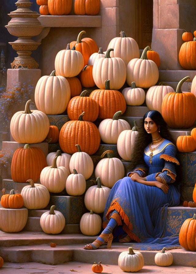 Woman in Blue Traditional Dress Surrounded by Pumpkins on Stone Steps