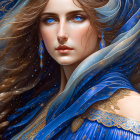 Detailed digital portrait of woman with brown hair and blue eyes in blue and gold cloak