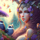 Woman with Long Purple Hair and Floral Crown Surrounded by Birds in Magical Forest