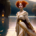 Illustration of woman with red hair by serene lake