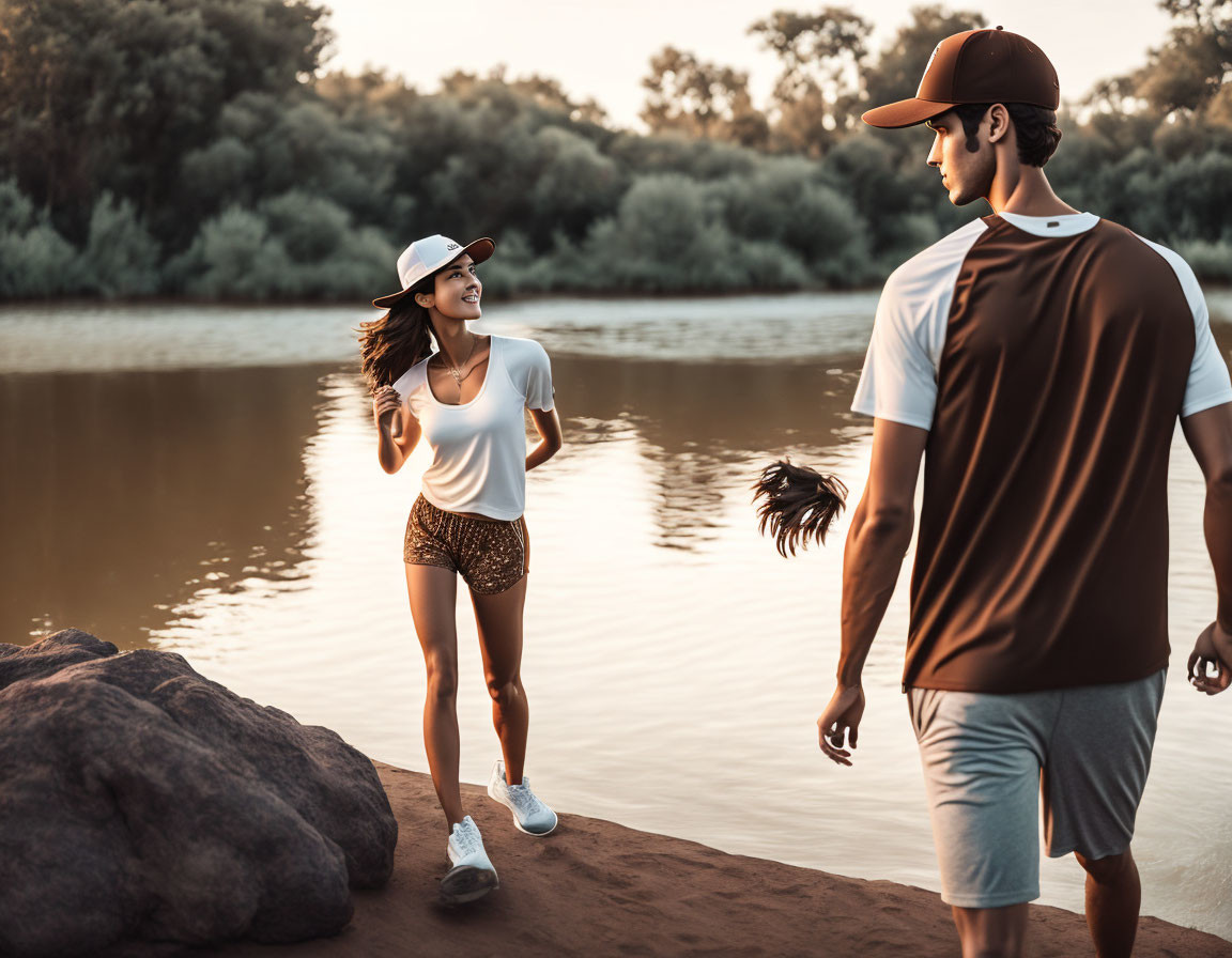 Woman in white cap and sequined shorts talks to man in brown t-shirt by calm river at sunset