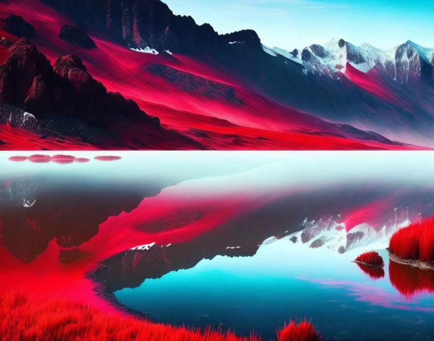 Vivid red vegetation in surreal landscape with reflective water