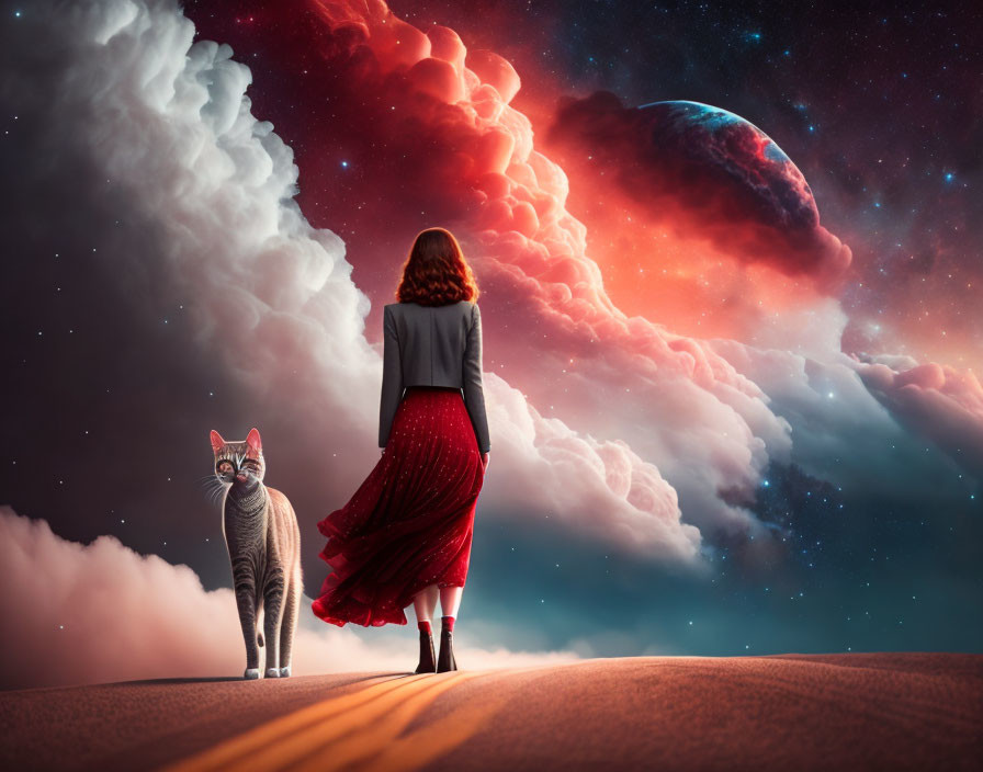 Woman in red skirt and cat on sandy path under colorful sky with giant planet