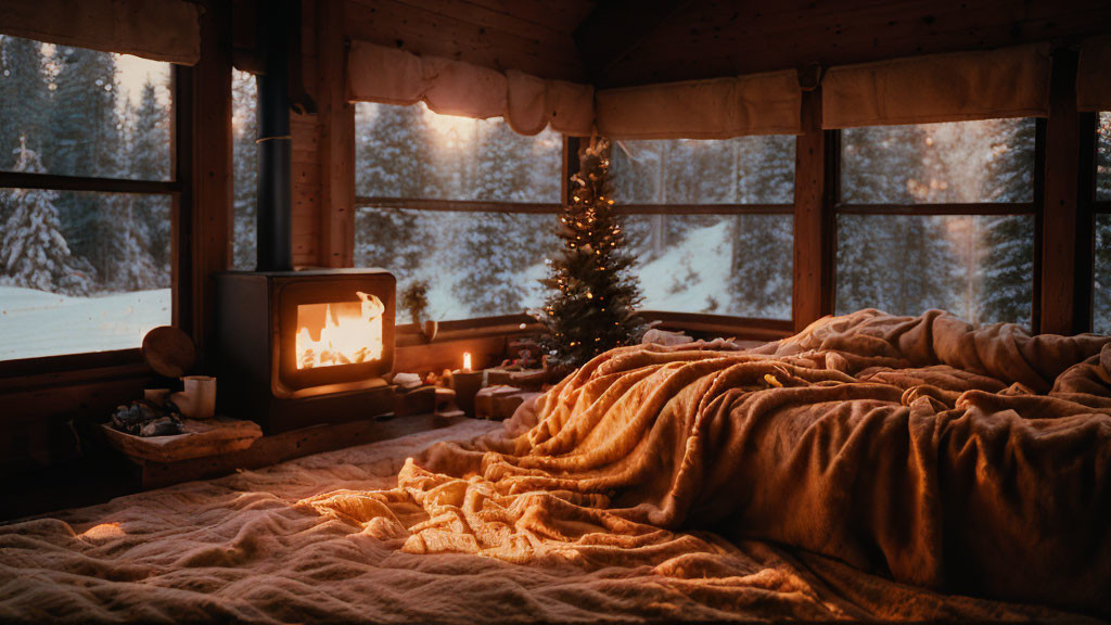 Rustic cabin interior with Christmas decor and snowy view