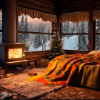 Rustic cabin interior with Christmas decor and snowy view