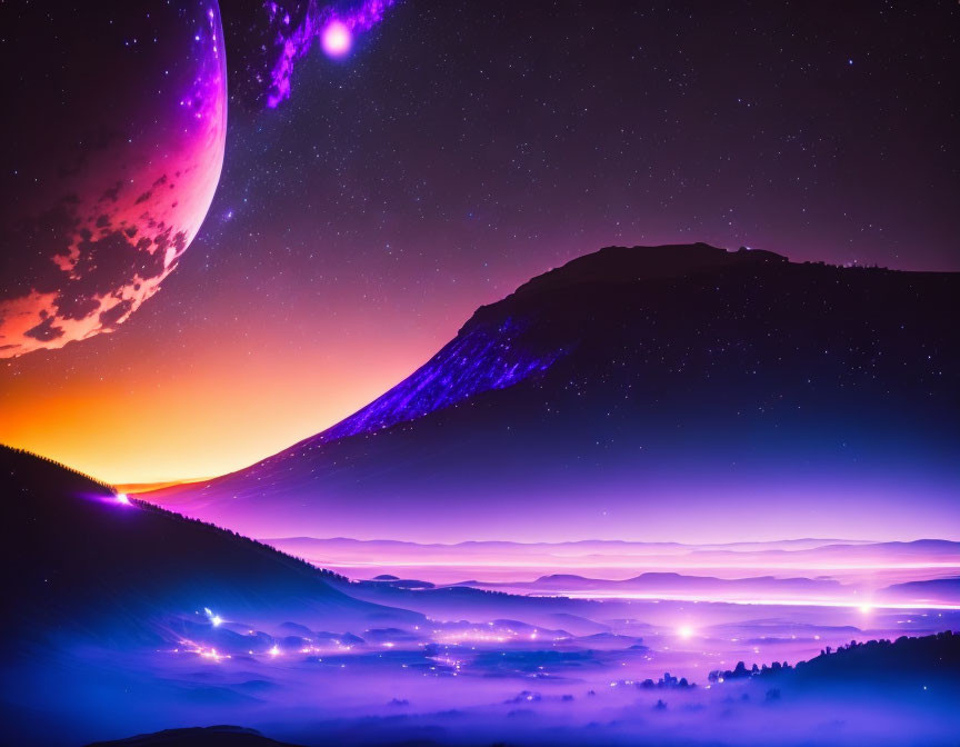 Vibrant sci-fi landscape with crescent planet, purple sky, mountain, misty valleys