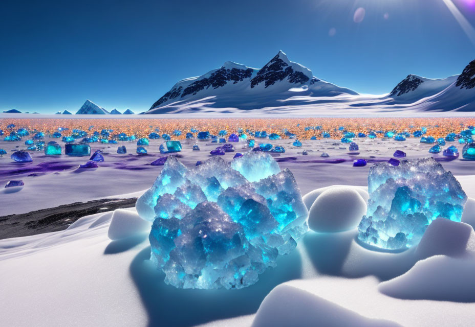 Glittering blue ice formations in surreal snowy landscape