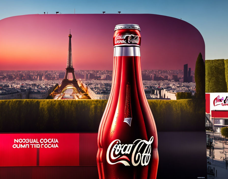 Large Coca-Cola Billboard with Eiffel Tower and Sunset in Urban Landscape