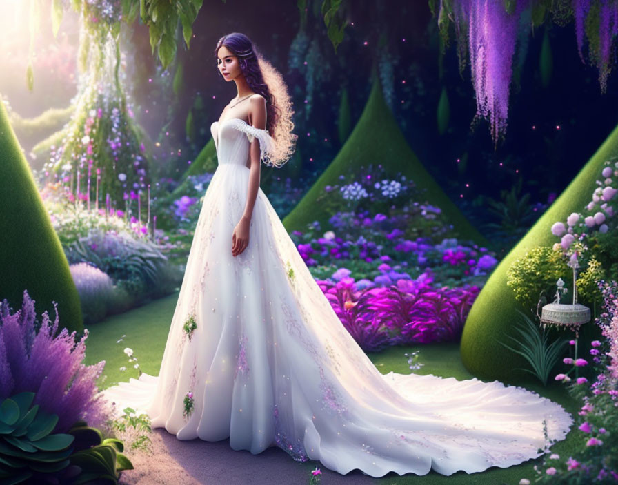 Woman in white gown in lush, fantastical garden with purple flora