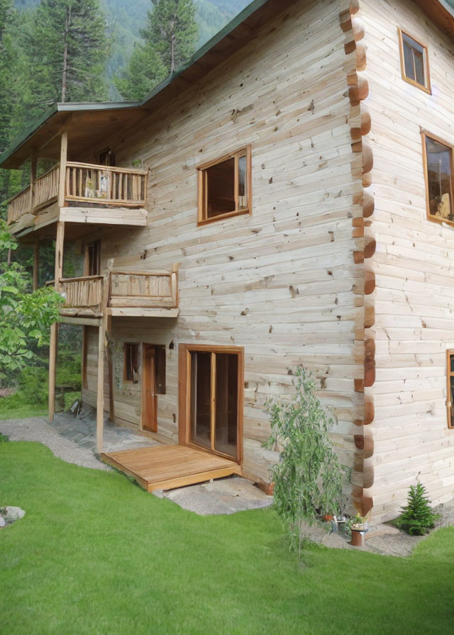 Two-story wooden cabin with balcony in lush greenery and mountains