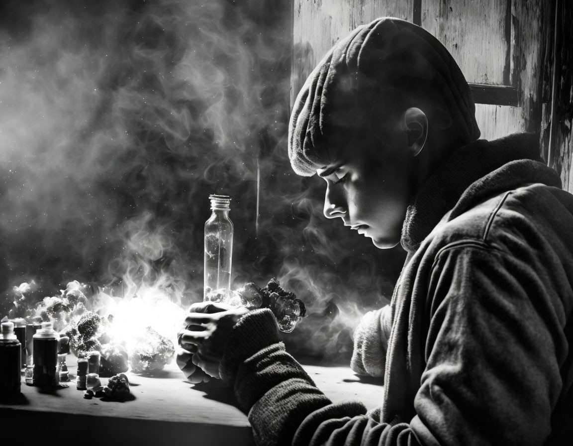 Person in cap and jacket looking at glowing bottle on misty table